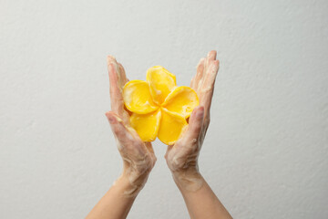 Female hands holding soap in the shape of a yellow flower against a white wall. Handmade soap for the bathroom.
