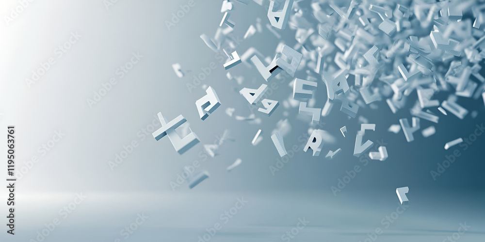 Poster abstract letters cascade: a mesmerizing cascade of three-dimensional letters floats in a serene, coo