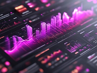 3D data visualization; glowing charts and graphs on screen.