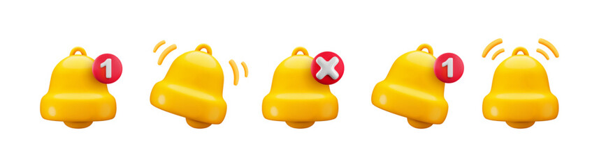 Vector cartoon 3d notification bell set. Cute realistic render of yellow ringing bell, red circle bubble with number, red cross sign. Incoming inbox message, unread mail reminder 3d icon collection.
