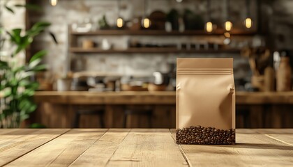 Brown product pouch with branding, restaurant interior blurred, food delivery packaging mockup, warm color palette, photorealistic