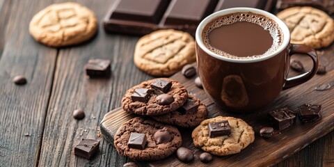 Chocolate cookies and a cup of coffee on a dark wooden table with scattered chocolate bars and coffee beans in warm brown tones