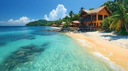 A tropical paradise featuring colorful beach huts along the shore, with clear turquoise waters and vibrant foliage. generative ai