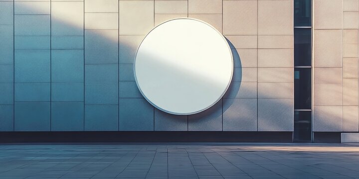 Blank circular sign on a modern building facade with soft shadows, neutral colors, ample space for text for advertising purposes and customization.