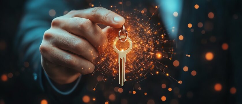 Businessman unlocking key to business solutions, financial vision, 3D background of opportunity achievement, security access strategy, and goal development