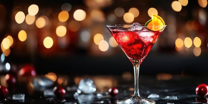 Elegant red cosmopolitan cocktail with ice and orange zest served in a clear glass on a dark bar counter with blurred warm bokeh lights in background