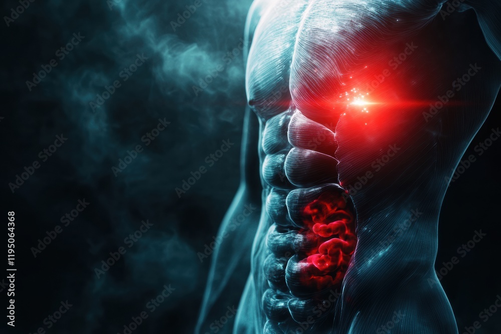 Poster glowing human torso with a prominent red focal point emanating from the stomach area. generative ai