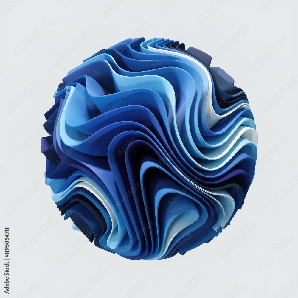 Poster abstract 3d render of a sphere composed of layered, wavy, blue forms.