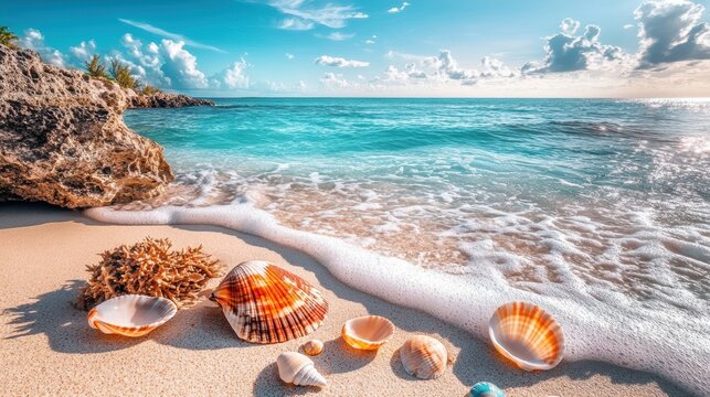 seashore tranquility, tranquil ocean scene with gentle waves caressing the shore, colorful seashells on white sand under a clear sky