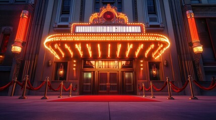 Obraz premium Historic theater entrance with bright lights and red carpet appeal