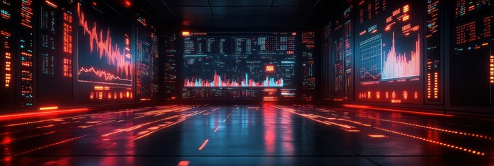 Fototapeta premium Futuristic Data Center: Neon Glow and Stock Market Visualization