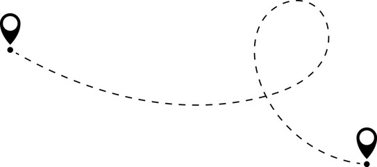 Route icon - two points with dotted path and location pin. Route location icon two pin sign and dotted line. Love travel route.. Travel from start point and dotted line tracing.