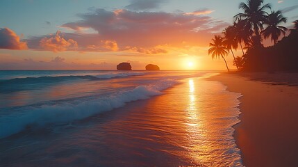 A tranquil tropical beach scene during sunset, with golden light illuminating the shore and peaceful waves. generative ai