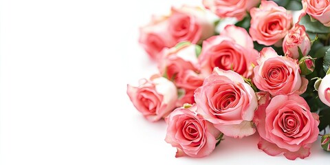 Naklejka premium Close-up of a vibrant pink rose bouquet arranged elegantly on the right against a soft white background with ample negative space for text