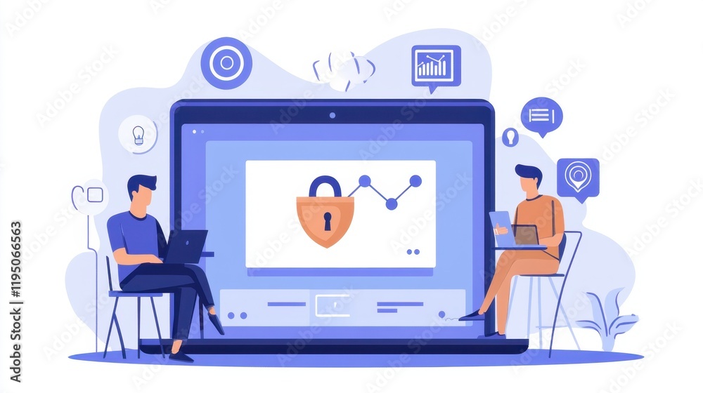 Poster secure data visualization concept with laptop users and lock icon