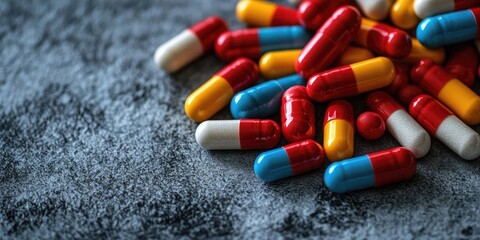 Colorful capsules in red, yellow, and blue piled on a grey textured surface with soft focus background, ideal for health care and medical concepts.