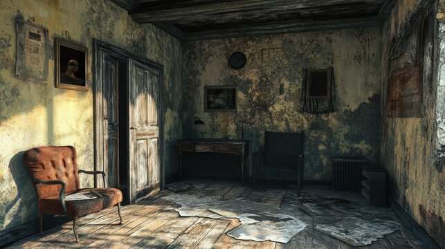 Abandoned room with old furniture and peeling walls creates a desolate scene