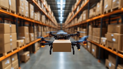 Obraz premium Drone carrying package in warehouse.
