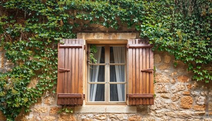 Rustic window with wooden shutters and a weathered stone wall adorned with climbing plants in a quaint village setting
