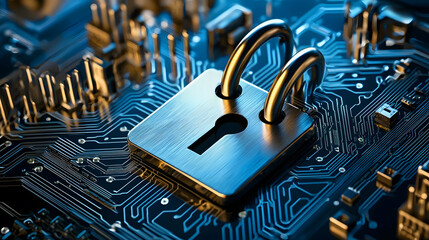 A glowing digital lock surrounded by streams of binary code and data points, symbolizing cybersecurity. 