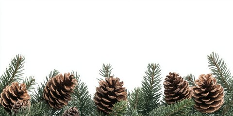 Christmas backdrop with green fir branches and brown pine cones positioned along the bottom against a clean white background creating a festive feel