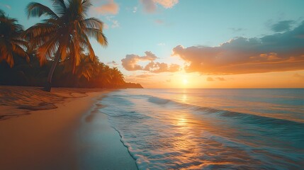 A peaceful tropical beach at sunset with vivid sky colors, gentle waves, and a relaxing ambiance. generative ai
