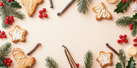 Minimalist winter flat lay featuring gingerbread cookies, fir branches, holly berries, and vanilla sticks on a light background with ample copy space.