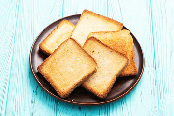 Toast bread in a plate photography . Top view