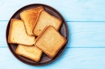 Toast bread in a plate photography . Top view