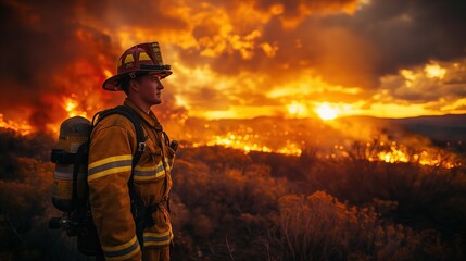 Naklejka premium Fire. Emergency service. Professional firefighter extinguishes a fire. Concept of fire and industrial safety. Rescuers. 