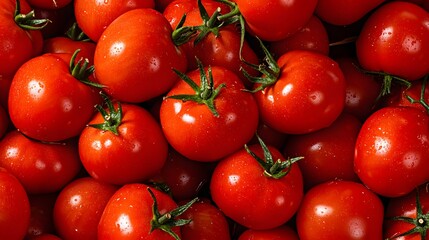 Fresh Red Tomatoes Piled Together Showing Natural Glossy Skin and Green Stems Perfect for Healthy Eating, Cooking, or Farmers Market Themes