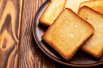 Toast bread in a plate photography . Top view