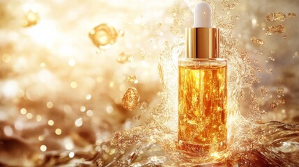 Fototapeta premium Beautiful Golden Serum Bottle with Splashing Water Background
