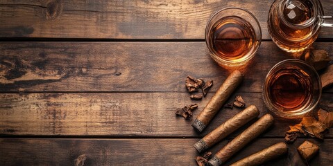 Cigars and whiskey glasses on a rustic wooden table with a warm brown color scheme and scattered dried leaves for a sophisticated ambiance.