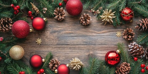 Festive flat lay of Christmas decorations including red and gold ornaments pine cones and greenery arranged on a rustic wooden background