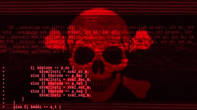 Abstract digital glitch effect with skull. Noise looped background for hacked mobile phone screen. Error signal loop. Virus code and software hack concept. Cyber security