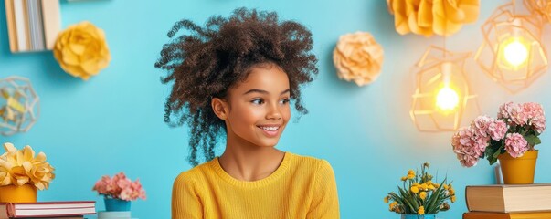 A mentor guiding a young woman in a workshop, surrounded by symbols of growth and inspiration like books, flowers, and glowing light