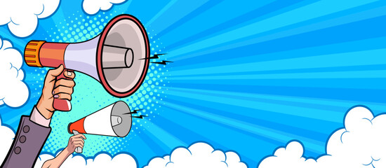 Hand holds megaphone bullhorn in retro pop art comic style  Loudspeaker Business banner © comicstocks