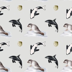 Whales and seals seamless fabric pattern with marine life elements and soft colors