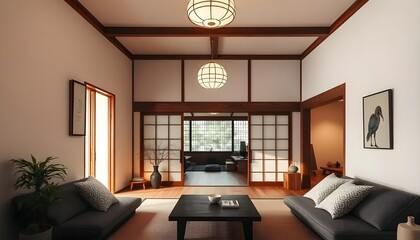 Traditional Japanese house featuring a tokonoma alcove with paper lanterns casting gentle light, and a view of a serene garden through large sliding doors.