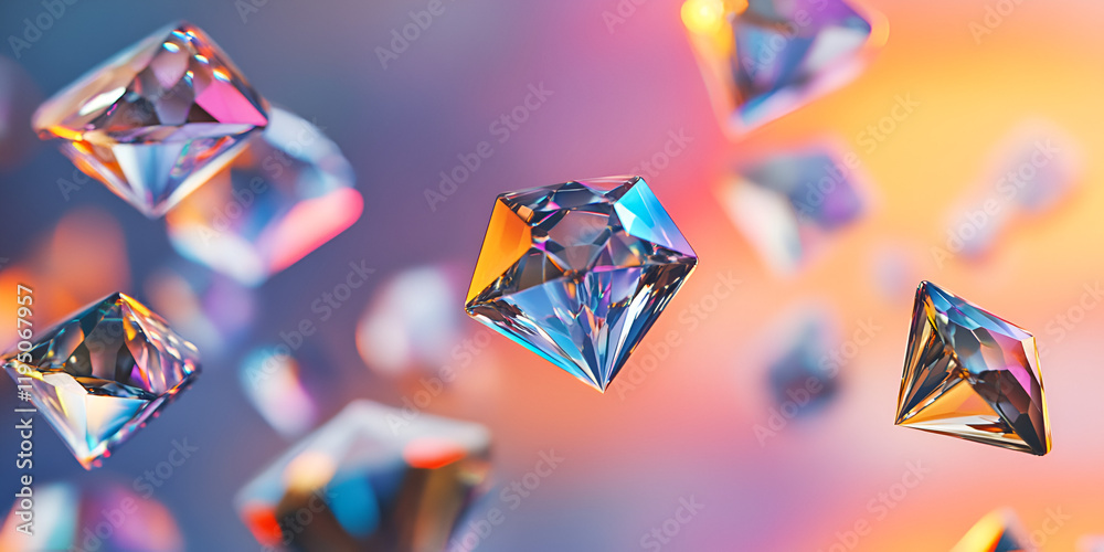 Poster shimmering diamonds in motion: a captivating abstract of multiple iridescent diamond-like structures