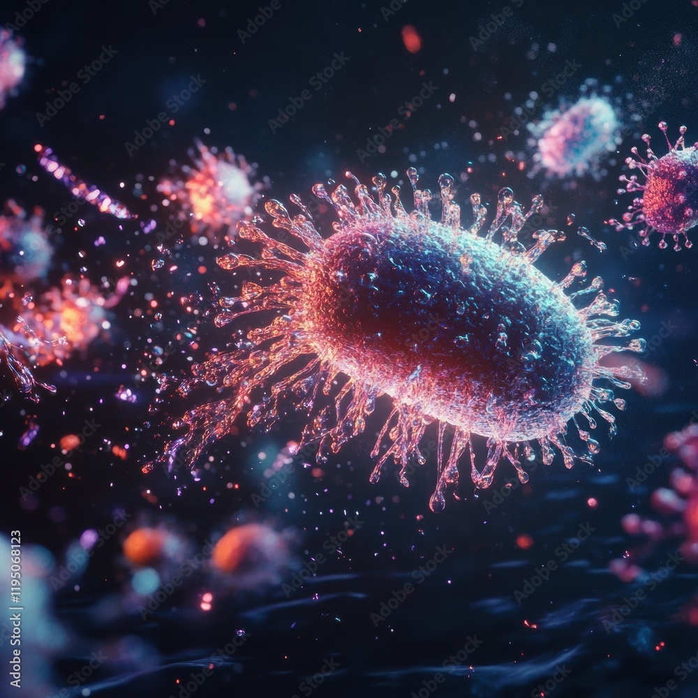 Aufkleber Magnified view of human cell under attack by a virus showcasing intricate biological interactions. Generative AI