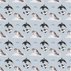 Whimsical marine life fabric pattern featuring whales and seals in a seamless design