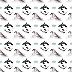 Endless pattern design featuring whales, orcas, and seals on a white background