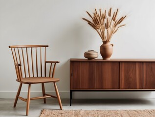 stock photo A retro-modern chair with burnt orange fabric, bold stitching, olive-green armrests, and light pine wood frame. 