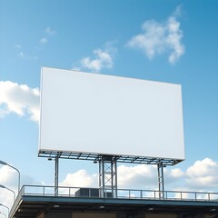 Large blank billboard, blue sky with fluffy clouds, urban advertising, metal structure, roadside marketing, empty canvas, photorealistic