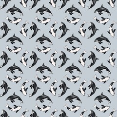 Whale and seal pattern design featuring seamless orca motifs on soft blue background
