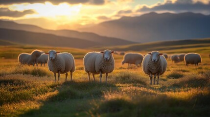 Obraz premium flock of sheep with thick wool coats, grazing peacefully on a sunlit meadow, with distant mountains creating a serene backdrop