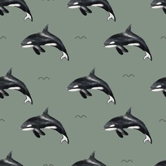 Whale and seal print pattern featuring orcas against a soothing green backdrop