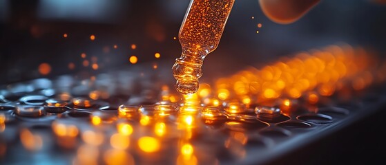 Dropper dispensing liquid onto glowing vials.